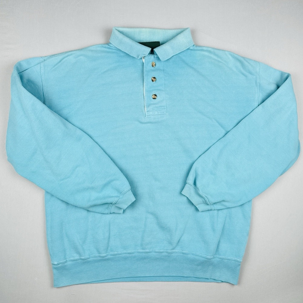 Vintage 90s Hunt Club Knit Polo Shirt Mens M Turquoise Long Sleeve Cotton